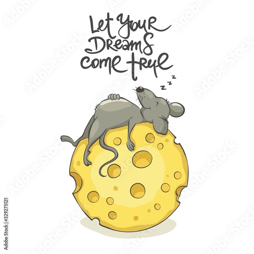 Funny Mouse sleep on cheese / Vector illustration, funny birthday card