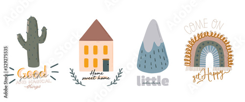 Cute kids scandinavian characters set including trendy quotes and cool animal decorative hand drawn elements. Cartoon doodle  illustration for baby shower, nursery room decor, children design. Vector.