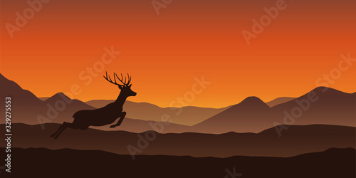 jumping deer silhouette on mountain landscape in orange colors vector illustration EPS10