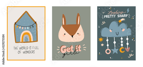Cute kids scandinavian characters set including trendy quotes and cool animal decorative hand drawn elements. Cartoon doodle  illustration for baby shower, nursery room decor, children design. Vector.