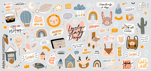 Cute kids scandinavian characters set including trendy quotes and cool animal decorative hand drawn elements. Cartoon doodle  illustration for baby shower, nursery room decor, children design. Vector.