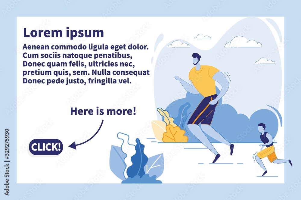 Obraz premium Dad and Son Fitness Training, Outdoors Workout. Happy Family Healthy Sport Activity. Father and Kid Exercising, Jogging Track. Marathon Running. Cartoon Flat Vector Illustration, Horizontal Banner