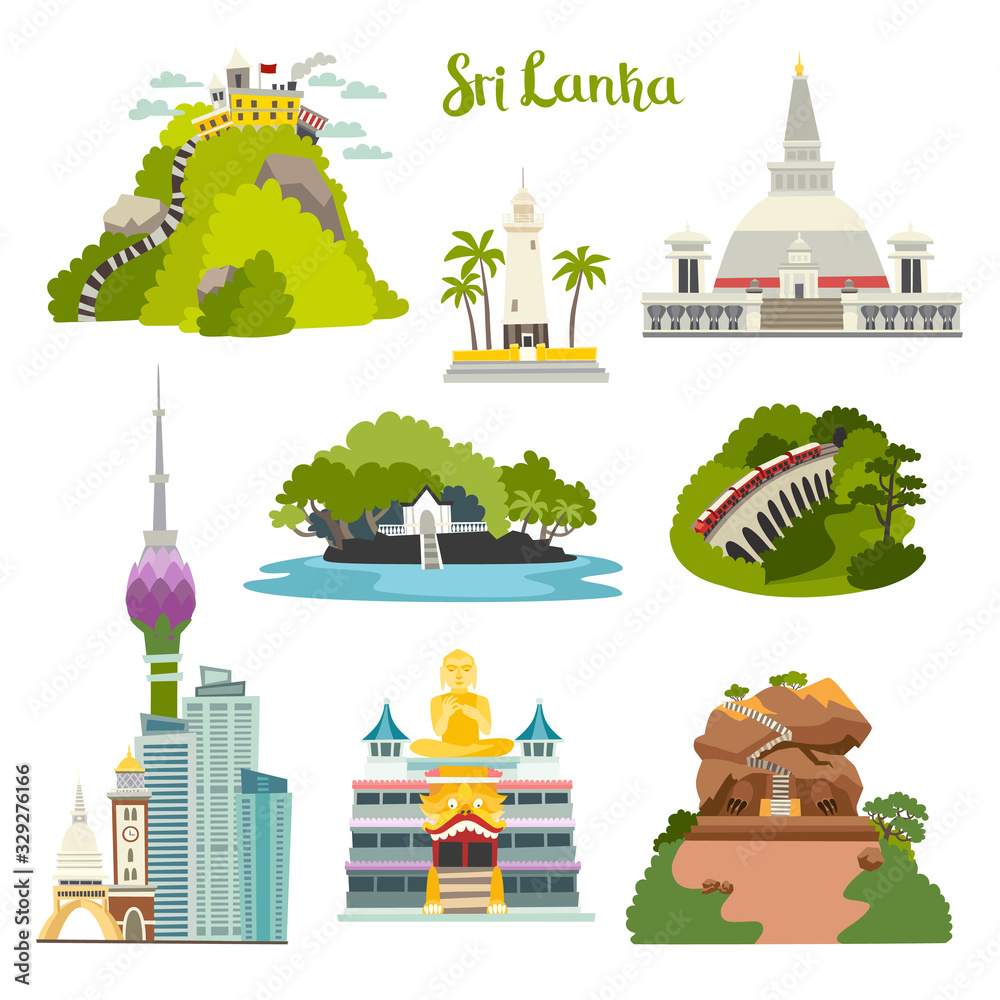 Sri Lanka Island Vector Illustration Collection Ceylon Architecture Colombo Skyline Sigiria And Nine Arches Bridge Buddhist Stupa Temple Galle Lighthouse Adam S Big Peak Cartoon Set Isolated On White Stock Vector Adobe Stock