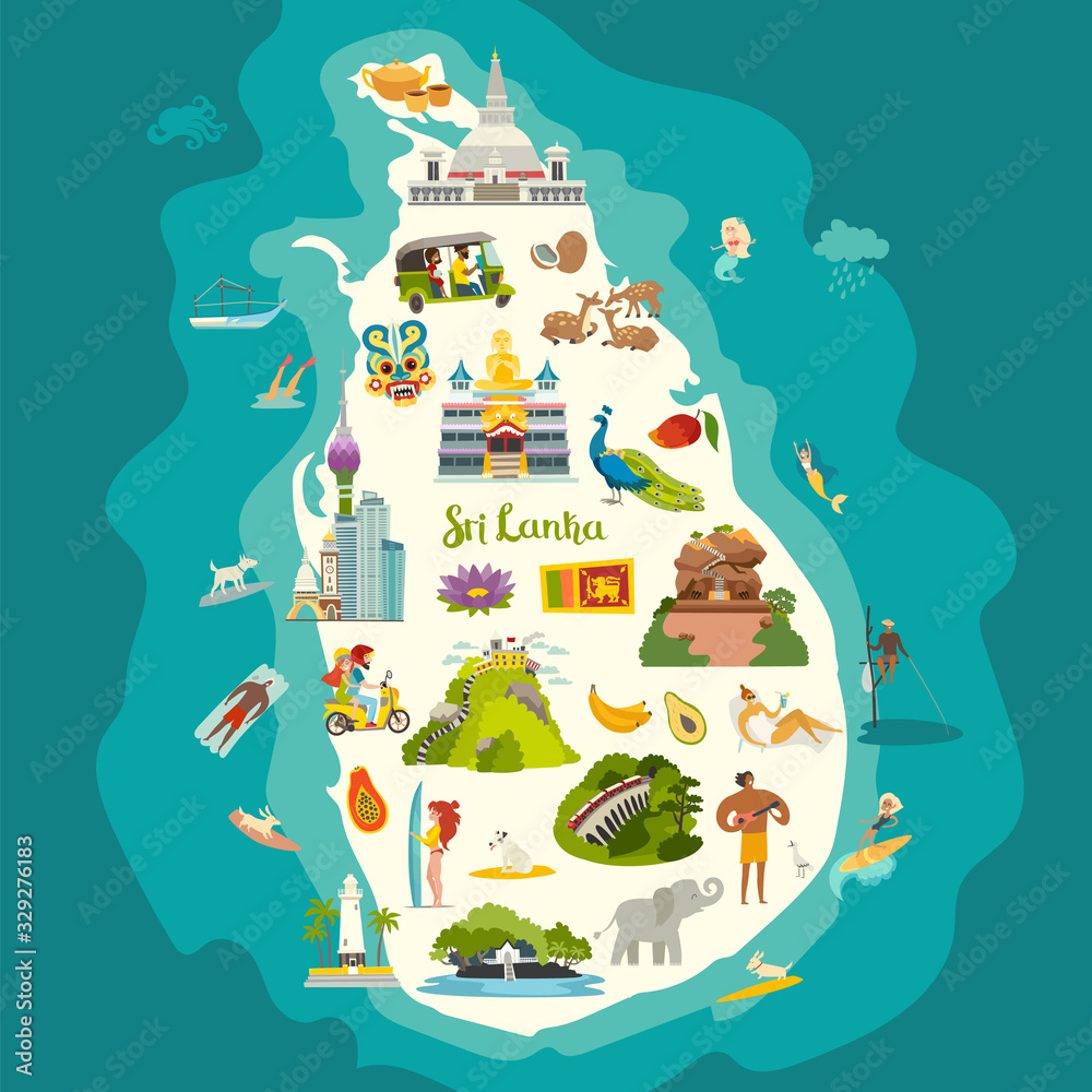 Sri Lanka map vector. Abstract atlas poster. Illustrated map of Sri Lanka island for children/kid. Colorful Ceylon landmarks design, architecture, temple and famous places. Detailed travel map - obrazy, fototapety, plakaty 