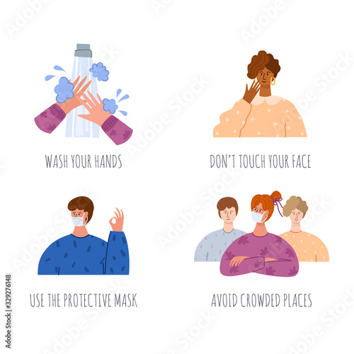 Coronavirus 2019-nCoV concept. People wearing face mask - men, woman, child. Protection, prevention novel coronavirus 2019-nCoV. Group of people in breathing mask, man with shield. Vector illustration