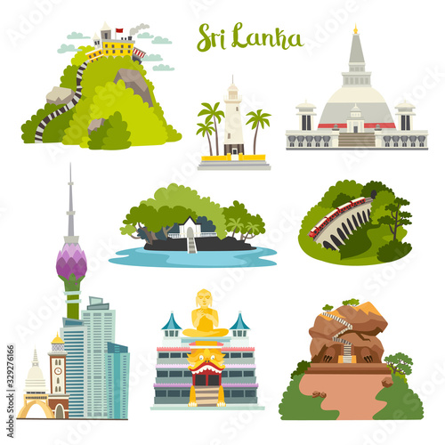 Sri Lanka island vector illustration collection.Ceylon architecture.Colombo skyline,Sigiria and Nine arches bridge. Buddhist stupa temple.Galle lighthouse Adam's Big Peak.Cartoon set isolated on white