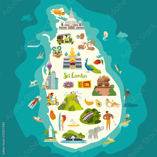 Sri Lanka map vector. Abstract atlas poster. Illustrated map of Sri Lanka island for children/kid. Colorful Ceylon landmarks design, architecture, temple and famous places. Detailed travel map