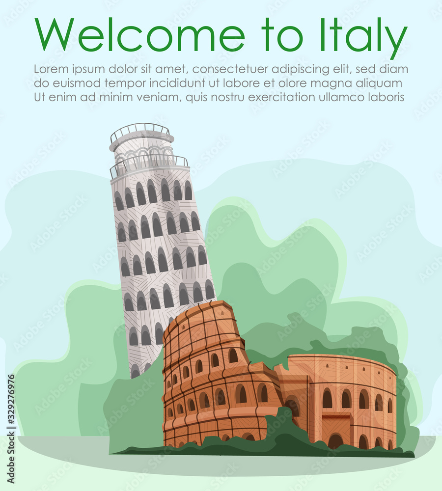 Leaning Tower Pisa and Colosseum on Blue Background. Vector Illustration. Postcard Representing Country. Vacation and Weekend. Details and Landmarks Country. Advertising Image with Text.