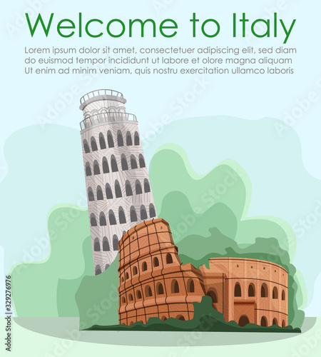 Leaning Tower Pisa and Colosseum on Blue Background. Vector Illustration. Postcard Representing Country. Vacation and Weekend. Details and Landmarks Country. Advertising Image with Text.