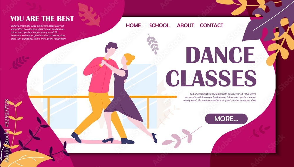 Dance Classes Banner. Couple Man Woman in Dancing School Vector Illustration. Salsa Teaching, Tango Practice, Waltz Lessons. Dancer Training. Choreography Learning. Active Hobby Leisure