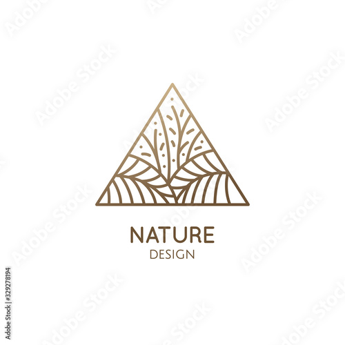 Tropical plant logo. Triangular emblem flower in linear style. Vector abstract badge for design of natural products, flower shop, cosmetics, ecology concepts, health, spa, yoga