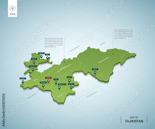 Stylized map of Tajikistan. Isometric 3D green map with cities, borders, capital Dushanbe, regions. Vector illustration. Editable layers clearly labeled. English language.