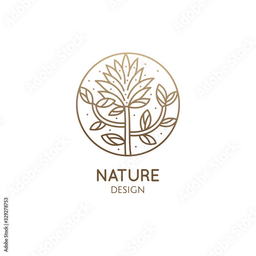 Fototapeta Naklejka Na Ścianę i Meble -  Tropical plant logo. Round emblem floral plant in linear style. Vector abstract badge flower for design of natural product, flower shop, cosmetics, floristic, ecology, health, medicine, healthy