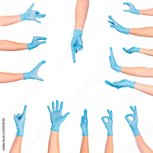 Φωτογραφία set of   female doctor`s hands in blue glove  isolated on white background- Imag