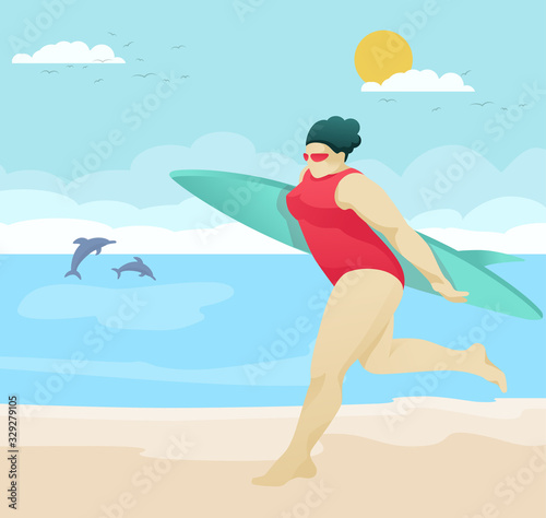Pretty Clubby Lady in Swimming Suit Running on Beach with Surfboard. Cartoon Overweight Woman Enjoying Summer Vacation on Seaside. Surfing and Recreation. Holidays on Resort. Vector Flat Illustration