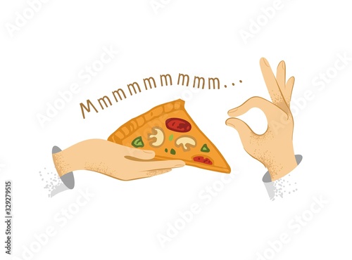 Hand holding a piece of pizza, the second hand in the gesture is very tasty. Decorative symbols for restaurant, cafe, menu hand drawn in a modern style. Banner for recipes. Cartoon vector illustration