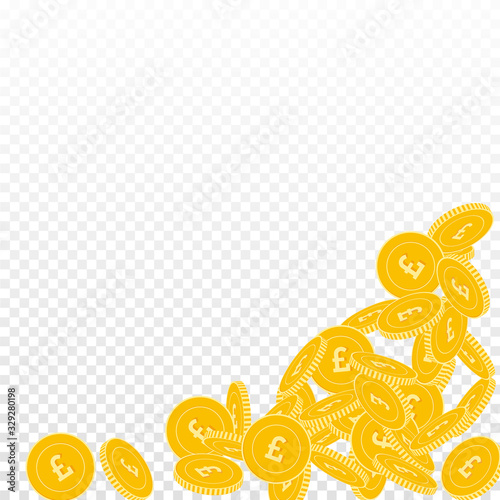 British pound coins falling. Scattered big GBP coi