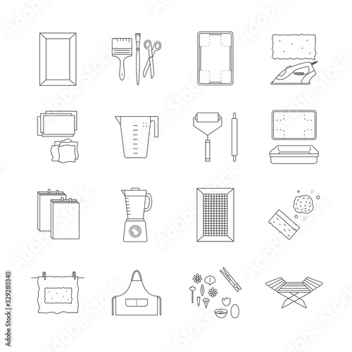 Items for hand papermaking icon set vector