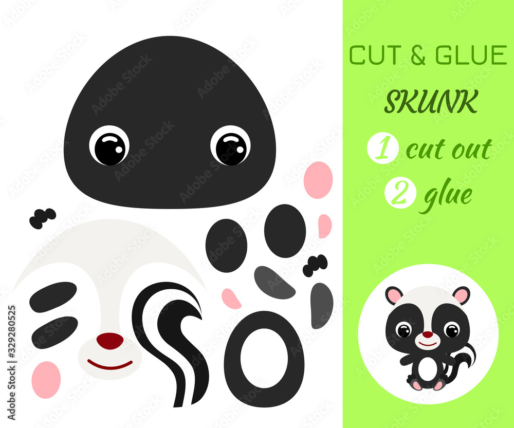 Fototapeta premium Cut and glue baby sitting skunk. Educational paper game for preschool children.