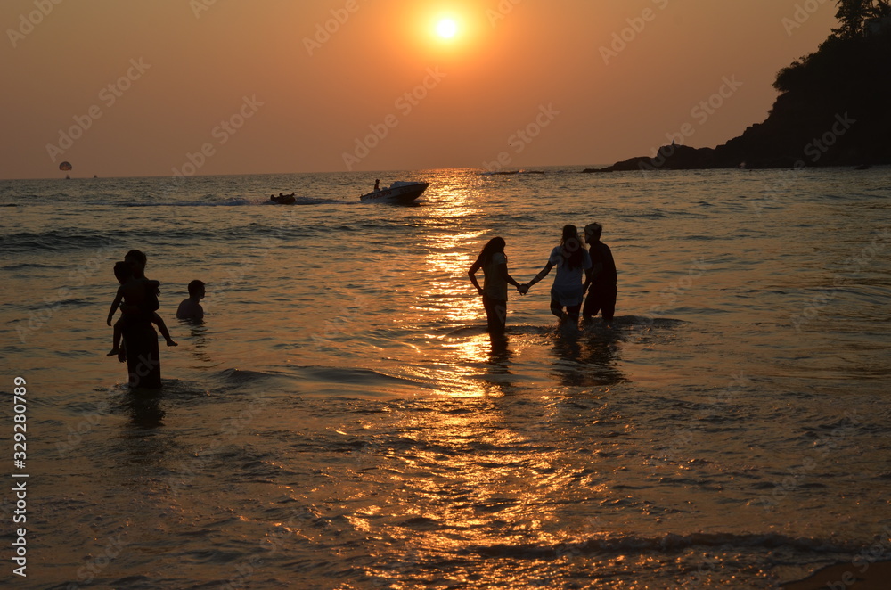 Beautiful sunset on the Arabian Sea. Vacation concept in India. North Goa. February 2020