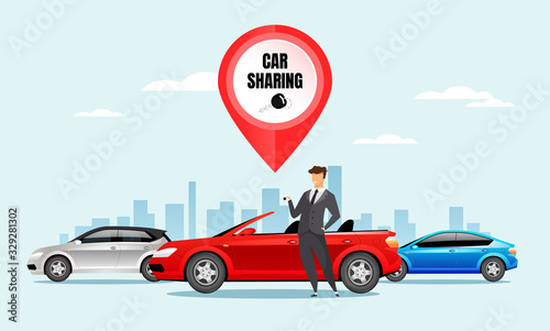 Car sharing flat color vector illustration. Man holding keys 2D cartoon character with cityscape on background. Ride share, carpooling service. Automobile dealership service, group transport rent