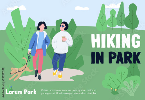 Hiking in park banner flat vector template. Brochure, poster concept design with cartoon characters. Countryside trip, walking in forest, family pastime horizontal flyer, leaflet with place for text
