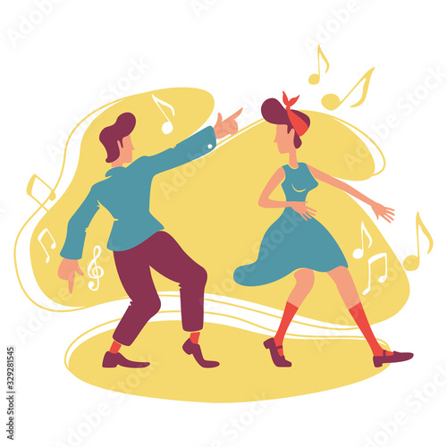 Disco retro party 2D vector web banner, poster. Couple on dance floor having fun flat characters on cartoon background. Old fashioned people. Boogie woogie printable patches, colorful web elements