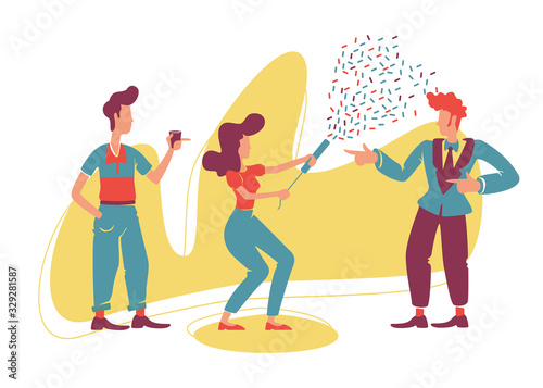 Retro style party 2D vector web banner, poster. Old fashioned guys and attractive girl with confetti popper flat characters on cartoon background. Vintage disco, prom printable patches, web elements