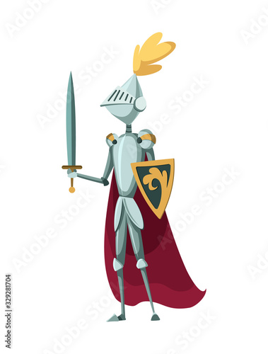 Isolated medieval knight character standing with sword on a white background. Vector illustration