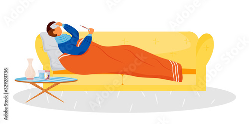 Fever flat color vector faceless character. Man measuring body temperature. Sick guy lying on couch. Male patient at home with medication treatment. Symptoms of disease isolated cartoon illustration