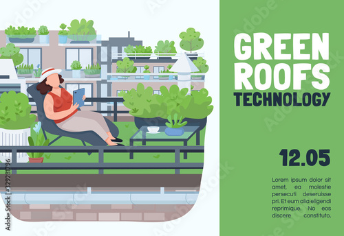 Green roofs technology banner flat vector template. Brochure, poster concept design with cartoon characters. Urban gardening, buildings landscaping horizontal flyer, leaflet with place for text
