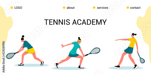 tennis Academy, summer tennis camp.the concept of Junior sports training.Site template for the Home page or app.Girls with rackets and a ball in different poses.flat design vector illustration.