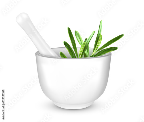 Ceramic mortar and pestle with rosemary. Vector realistic illustration