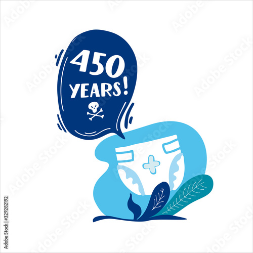 450 years. How long decompos diaper in nature. Stop plastic pollution! Vector flat illustration for World Environment Day. Plastic floats in the ocean. Harm to nature. Elements, clip art