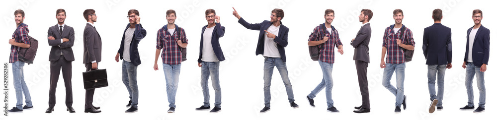 panoramic collage of self-motivated young man .isolated on white panoramic collage of self-motivated young man .isolated on white