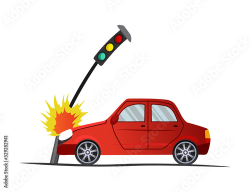 Accident on road. Car encountered an traffic lights. Illustration of crash vehicle, damage auto. Insurance case. Vector broken cartoon auto