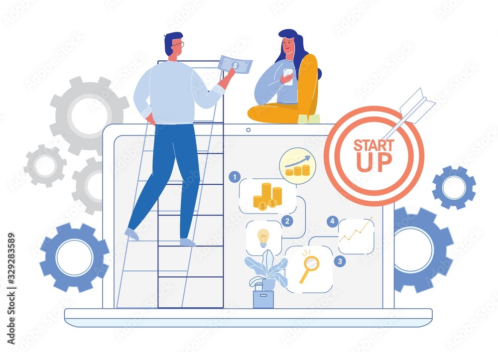 Businessman Makes Investments to Start Up Project or Joint Venture. Man and Woman Cartoon Characters on Laptop Screen and Various Business Infographics Background. Flat Vector Illustration.