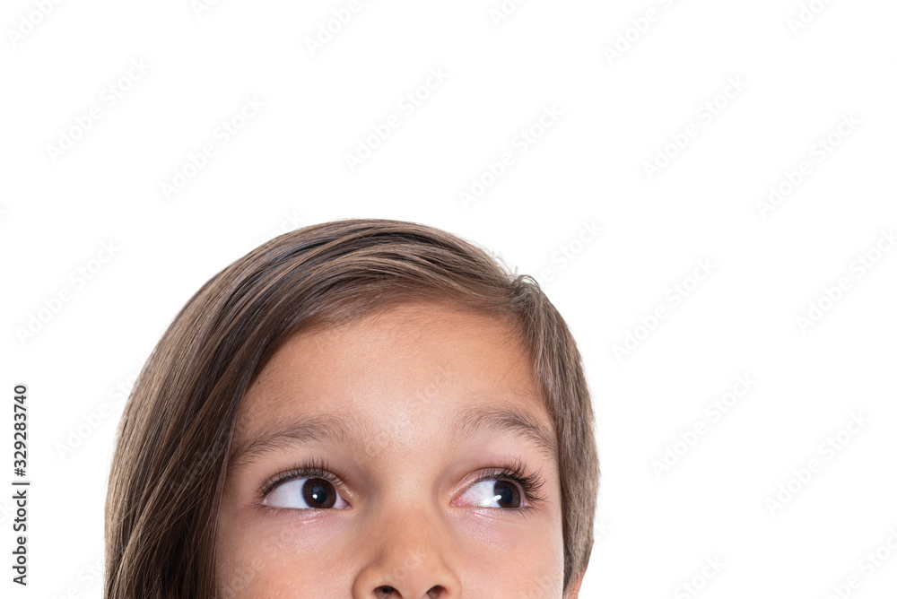Little boy looking up on white background Little boy looking up on white background