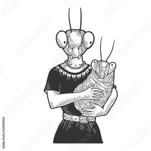 mother and baby mantis sketch engraving vector illustration. T-shirt apparel print design. Scratch board imitation. Black and white hand drawn image.