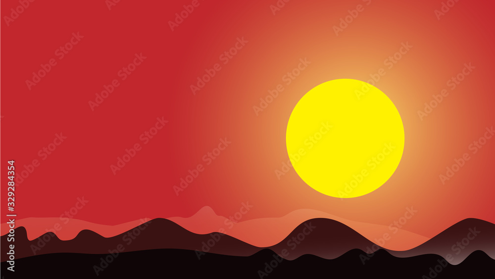 Illustration of a sunset landscape with mountain background