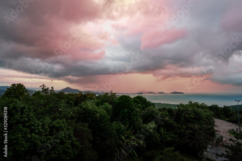 Before storm. Beautiful landscape with sea view and cloudy sky in sunset time.