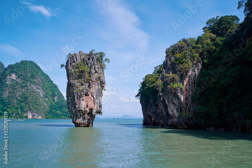 Travel by Thailand. Amazing scenery natural landscape of James Bond island Phang-Nga bay, Water tours of Phuket, Famous landmark and famous travel destination of Asia, Summer holiday vacation trip.