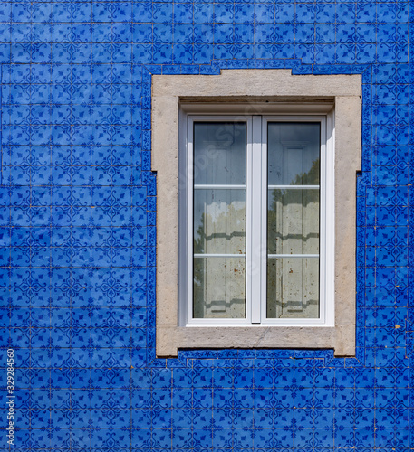 Famous old Portuguese traditional painted tin-glazed ceramic tiles Azulejos of Sintra  Portugal