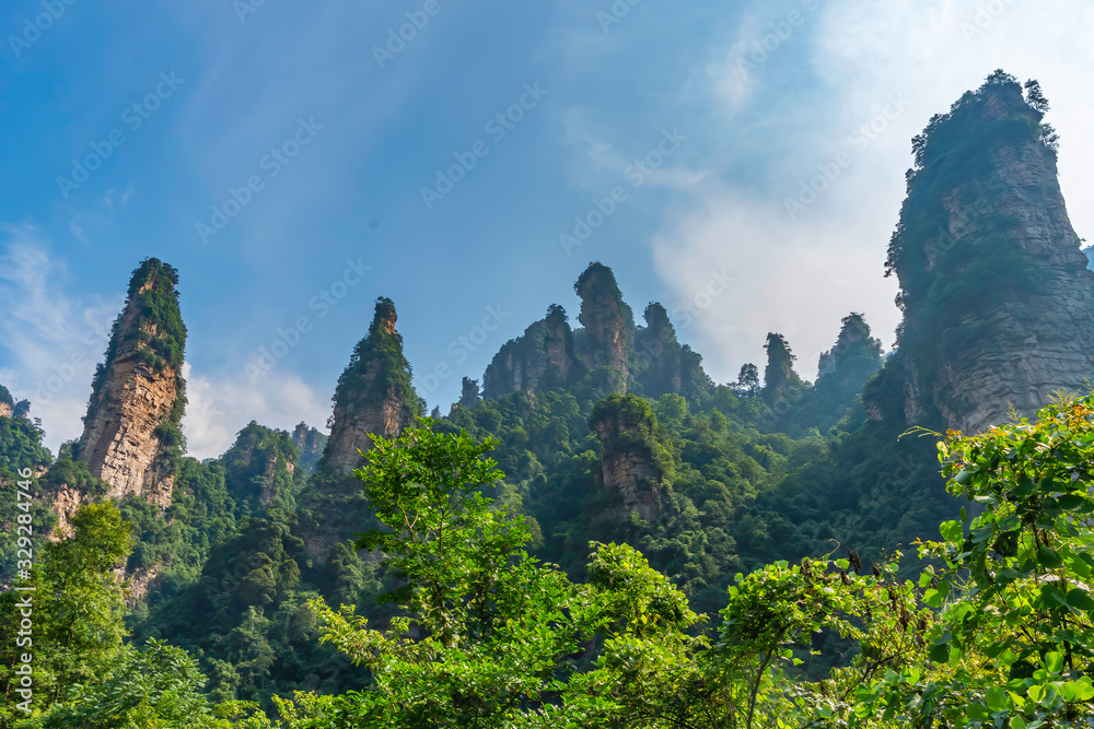 Panorama of Yellow Stone Stronghold (Huangshi Zhai). Surreal rock formation as columns rising from the canyon. Yuanjiajie Scenic Area in Zhangjiajie, Hunan, China