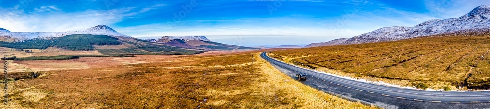 Aerial of the R251 Highway close to Mount Errigal, the highest mountain in Donegal - Ireland