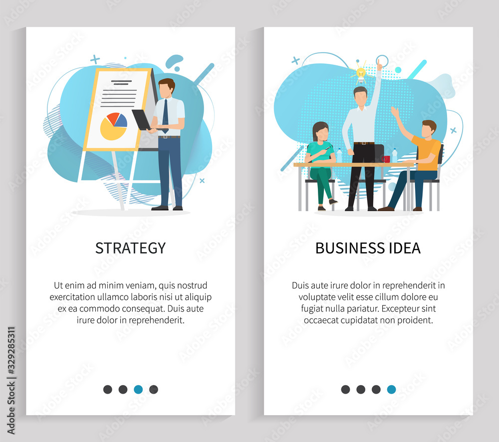 Strategy and business idea vector, path to success. Office workers brainstorming and communication in group, businessman presents chart on board. Website or slider app, landing page flat style