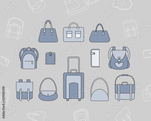 Handbag Icons set - Vector color symbols and outline of bag, backpack, purse, clutch, luggage, suitcase for the site or interface