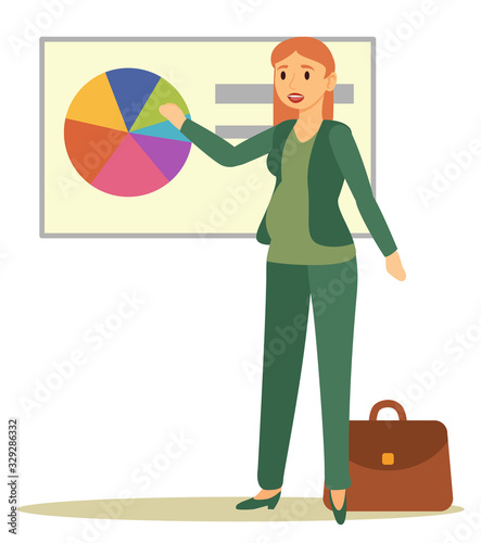 Expectant mother working in company, giving presentation on meeting. Isolated future mom at work showing results. Pregnant businessman explaining chart or diagram on whiteboard. Vector in flat