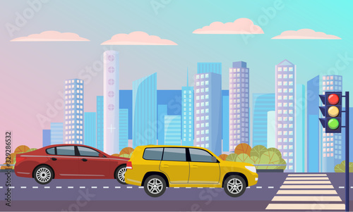 Cityscape with street with zebra vector, transportation cars on roads. Traffic lights and crosswalk with automobile, modern skyscrapers and buildings lorry illustration in flat style design for web