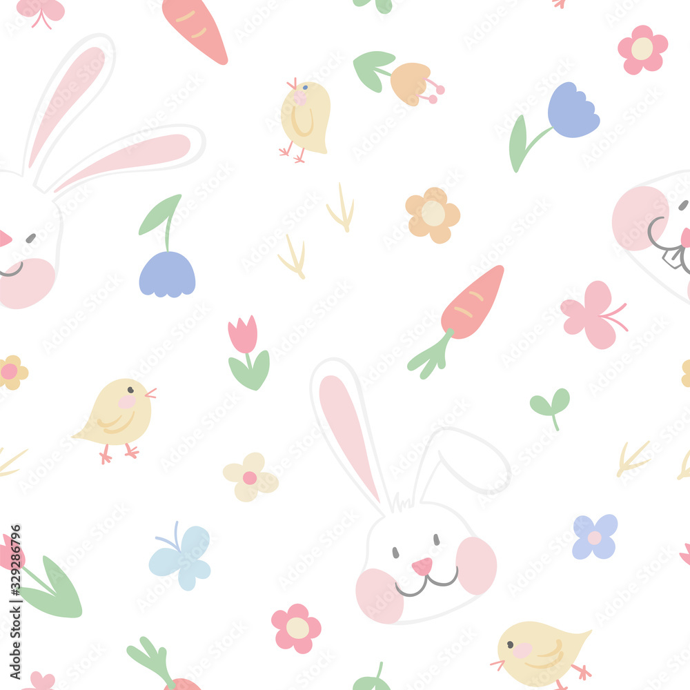 Vector hand drawn Easter seamless pattern with cute bunnies, chicken and flowers